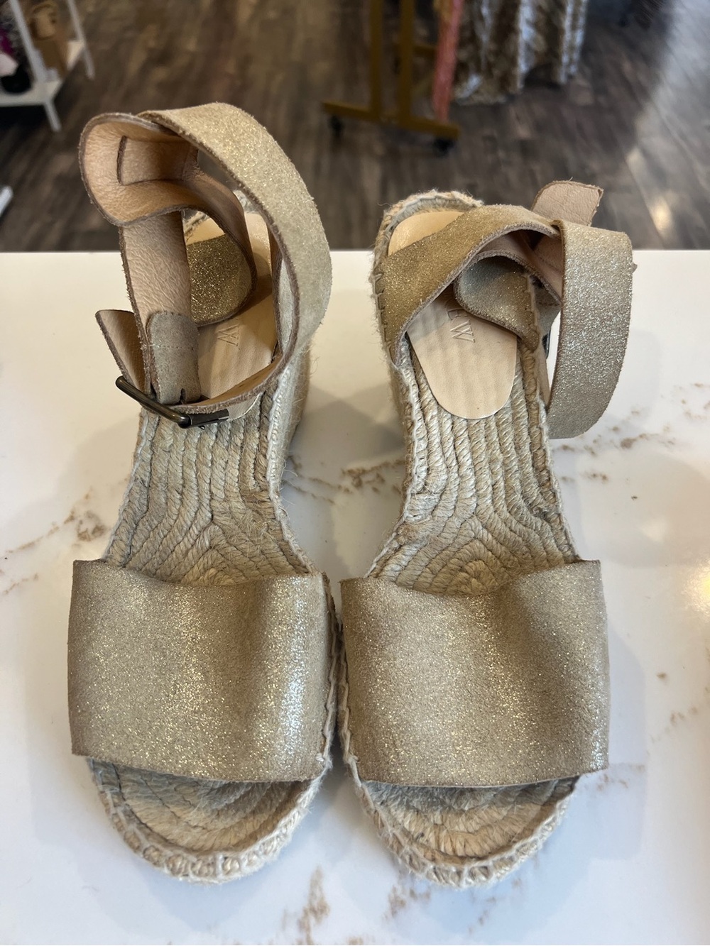 J. Crew Women's Metallic Gold Espadrille Wedges with Ankle Strap